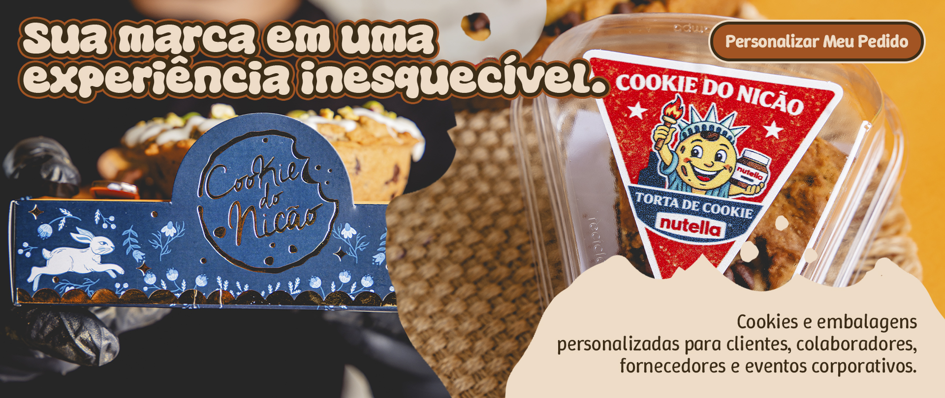 Banner de brindes personalizados do Cookie do Nicão.